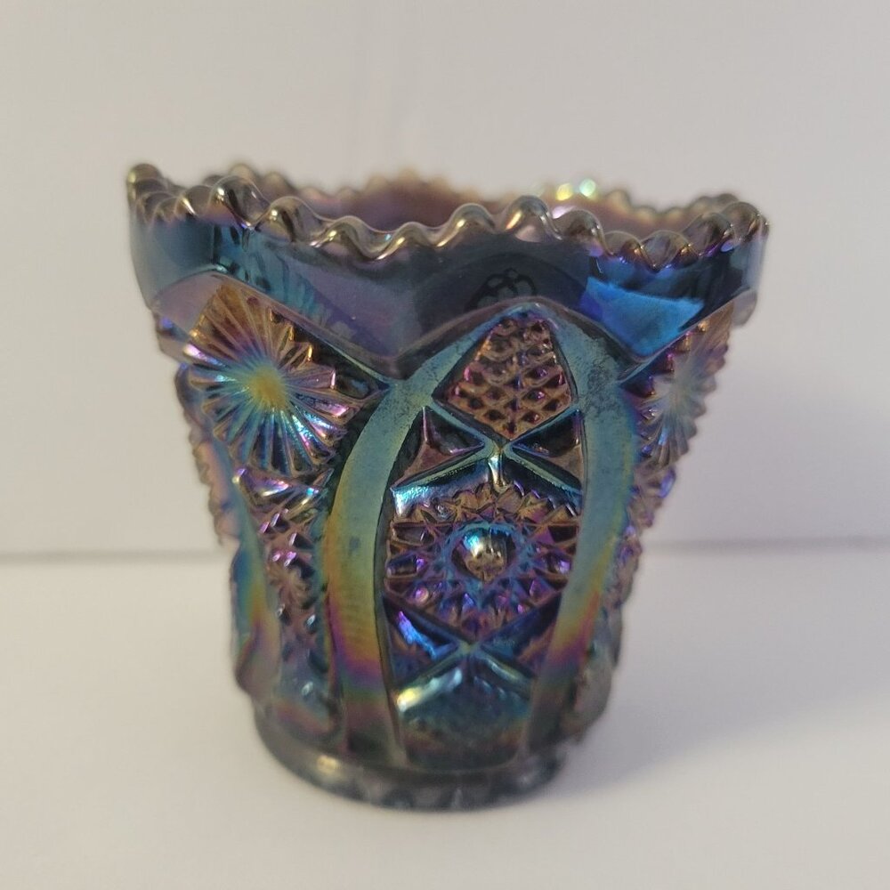 Vintage Iridescent Imperial Carnival Glass Toothpick Holder Starburst Fan Design